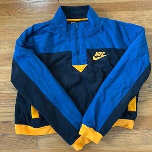 Nike cropped half zip pullover fleece jacket black blue orange, size medium